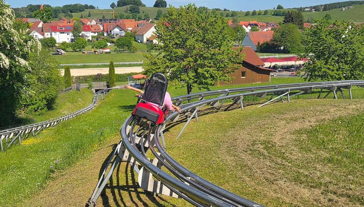 Eine Person fährt auf einer Bobbahn, die sich über eine kurvenreiche Strecke schlängelt.